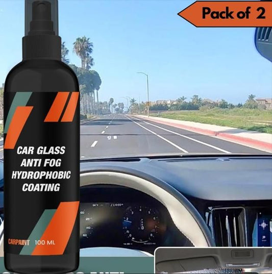 Car glass anti-fog hydrophobic coating spray bottle with a scenic road in the background