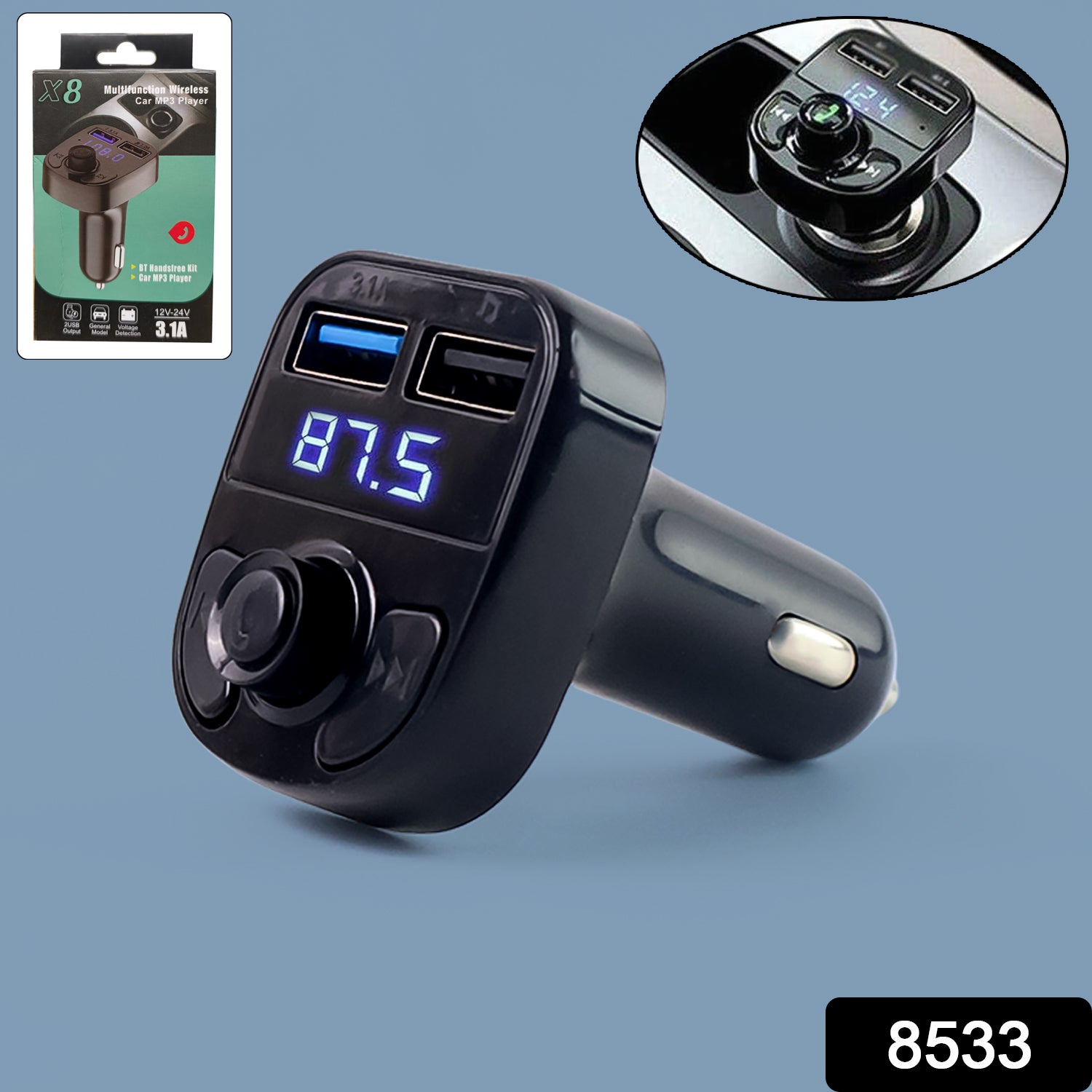 8533 Car-x8 Bluetooth Fm Transmitter Kit For Hands-free Call Receiver  Music Player  Call Receiver  Fast Mobile Charger Ports For All Smartphoneswith 3.1a Quick Charge Dual Usb Car Charger